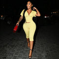 Two Piece Solid Color Set With Deep V Neck Ruched Crop Top And Capri Pants