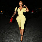 Two Piece Solid Color Set With Deep V Neck Ruched Crop Top And Capri Pants