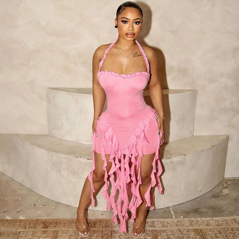 Elegant Halter Backless Ruffles Mini Dress Slim Fit With Tassel Detail