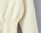 Hollow Crochet Knit Cropped Sweater in Beige and Red Long Sleeve Knit Top for Women
