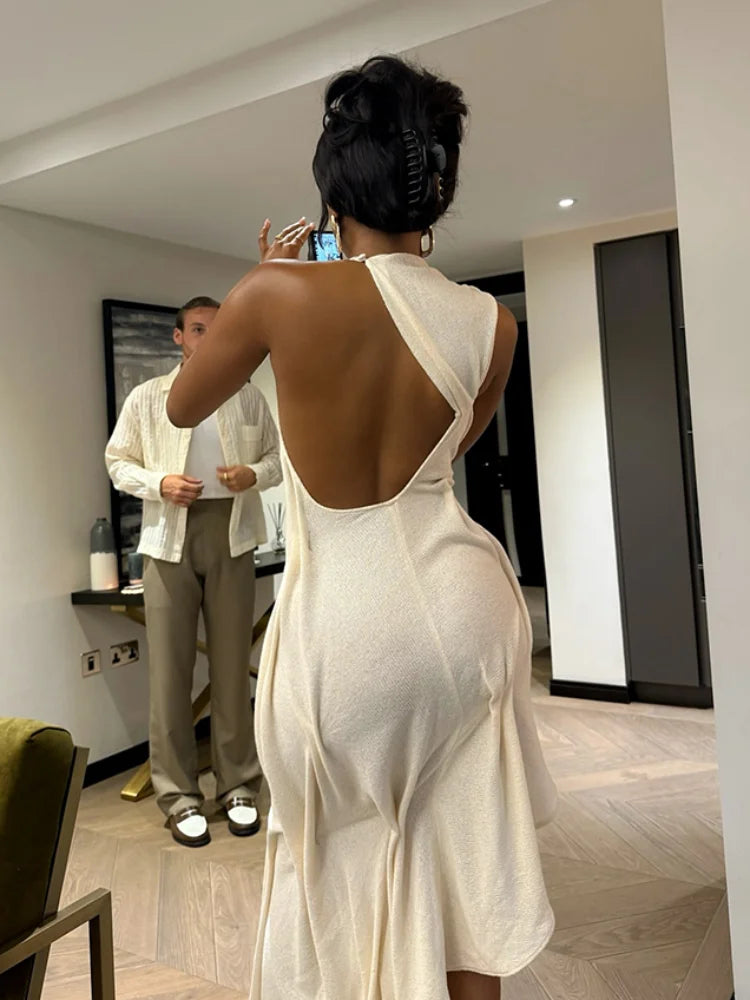 Chic Backless Off Shoulder Pleated Knee Length Dress With Irregular Silhouette