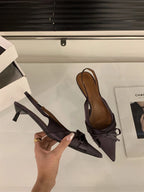 Bowtie Silk Sandals With Pointed Toe And Slim Slingback Heels