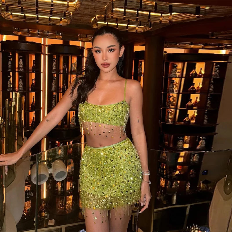 Beaded Sequin Two Piece Set Sleeveless Backless Crop Top And Mini Skirt Glam Outfit