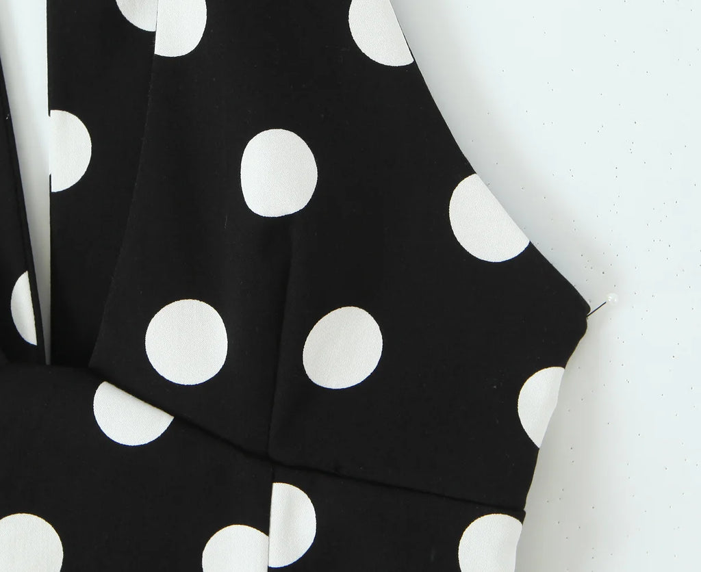 Women Fashion Sleeveless Backless Sexy Black Polka Dot Bow Neck Halter Top
