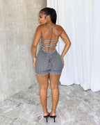 Backless Striped Knit Romper With Bandage Flattering Fit