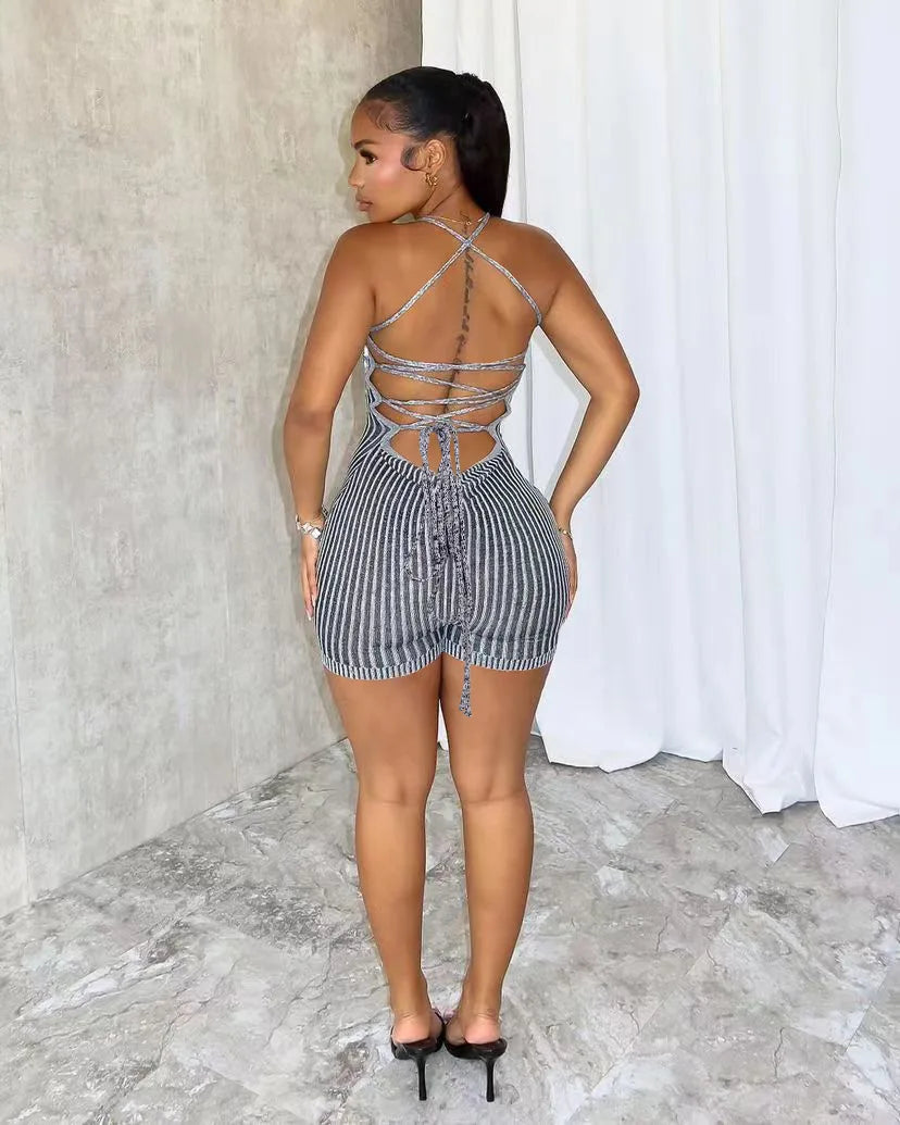 Backless Striped Knit Romper With Bandage Flattering Fit