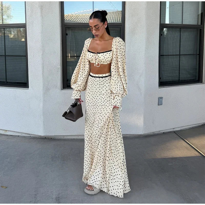 Polka Dot Square Collar Crop Top And High Waist Maxi Skirt Set Outfit