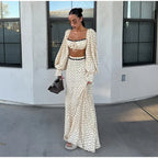 Polka Dot Square Collar Crop Top And High Waist Maxi Skirt Set Outfit