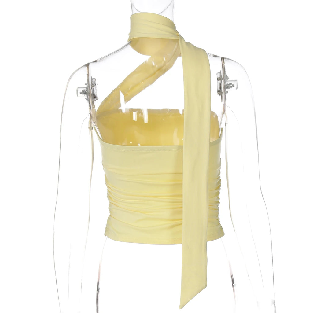 Elegant Halter Crop Top With Scarf Strap Ruched Slim Solid Design For Summer Streetwear