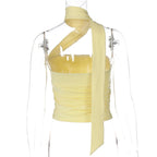 Elegant Halter Crop Top With Scarf Strap Ruched Slim Solid Design For Summer Streetwear