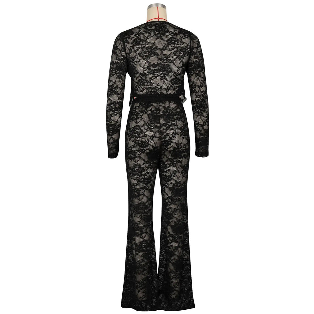 See Through Lace Set With Long Sleeve Top And Pants