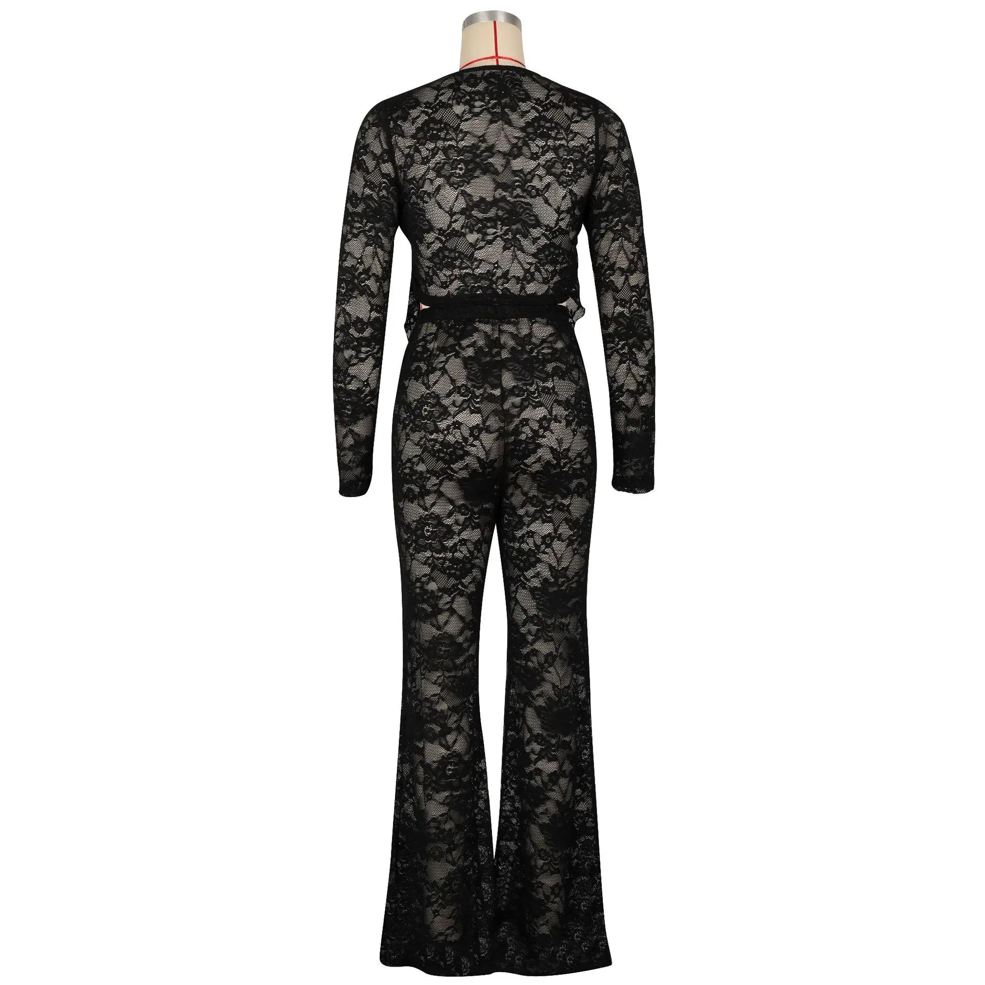 See Through Lace Set With Long Sleeve Top And Pants