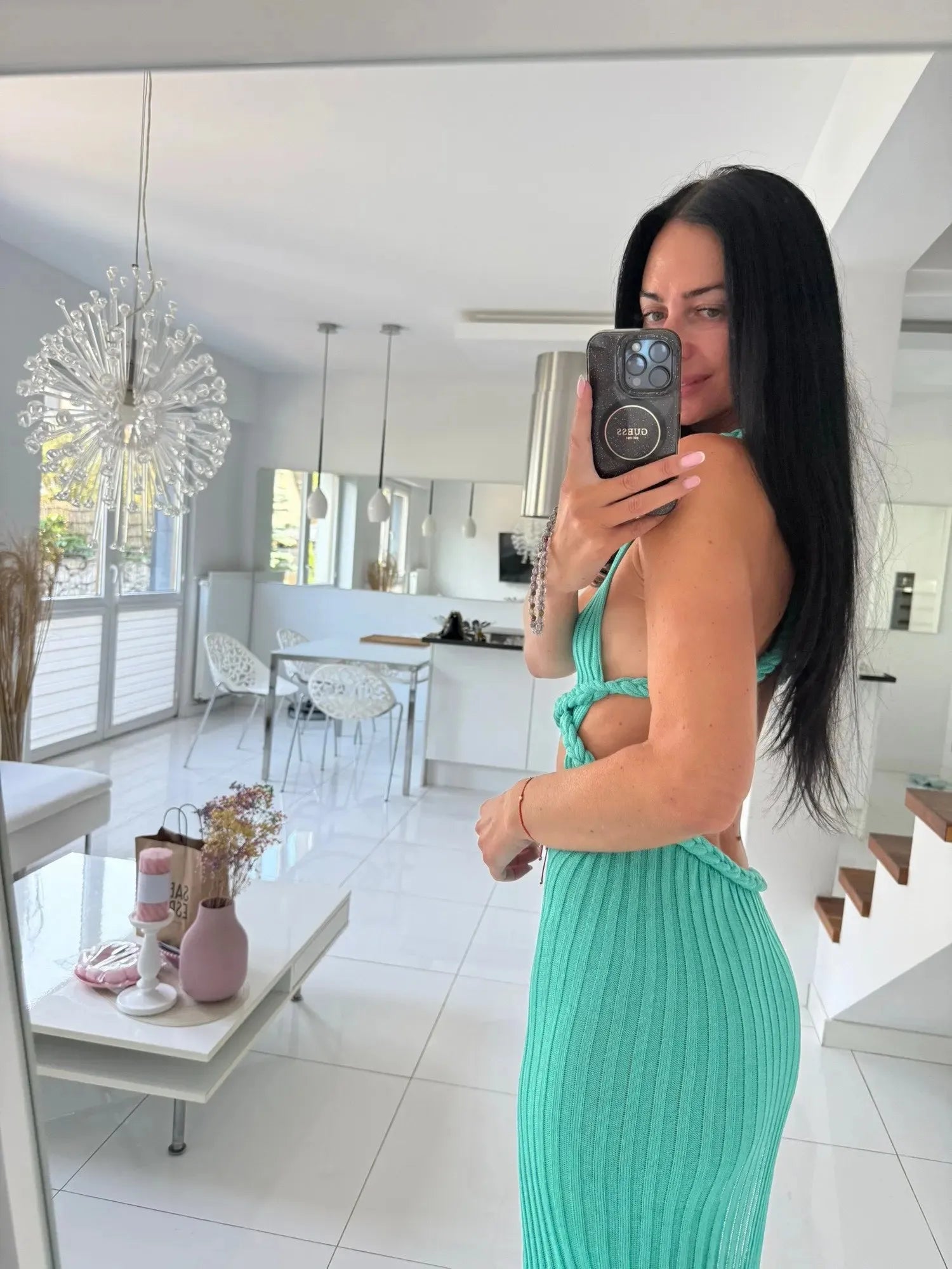 Elegant Beach Knit Maxi Dress With Side Slit V Neck Open Back