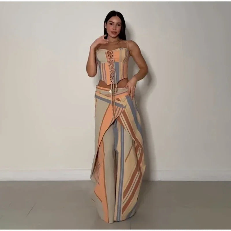 Chic Strips Pants Women Set Patchwork Slash Neck Bandage Top Pleated Asymmetry Trousers