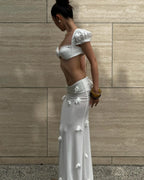 Elegant Satin Maxi With 3D Floral Embellishments Flowy Evening Skirt