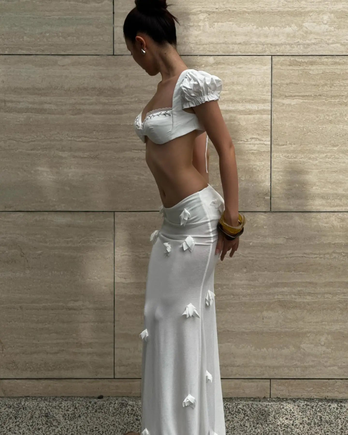 Elegant Satin Maxi With 3D Floral Embellishments Flowy Evening Skirt