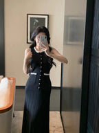 Floral Pearl Knit Maxi Dress Sleeveless O-Neck With Pleated Details