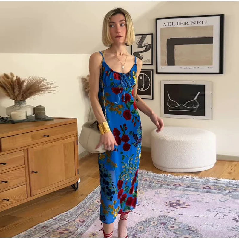 Retro Floral Lace Up Backless Maxi Dress