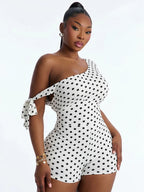 Polka Dot Playsuit With Tassel Details Sleeveless Low-Neck