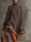 Cozy Oversized Turtleneck Knit Dress With Ruffled Splice Long Sleeve