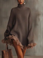 Cozy Oversized Turtleneck Knit Dress With Ruffled Splice Long Sleeve