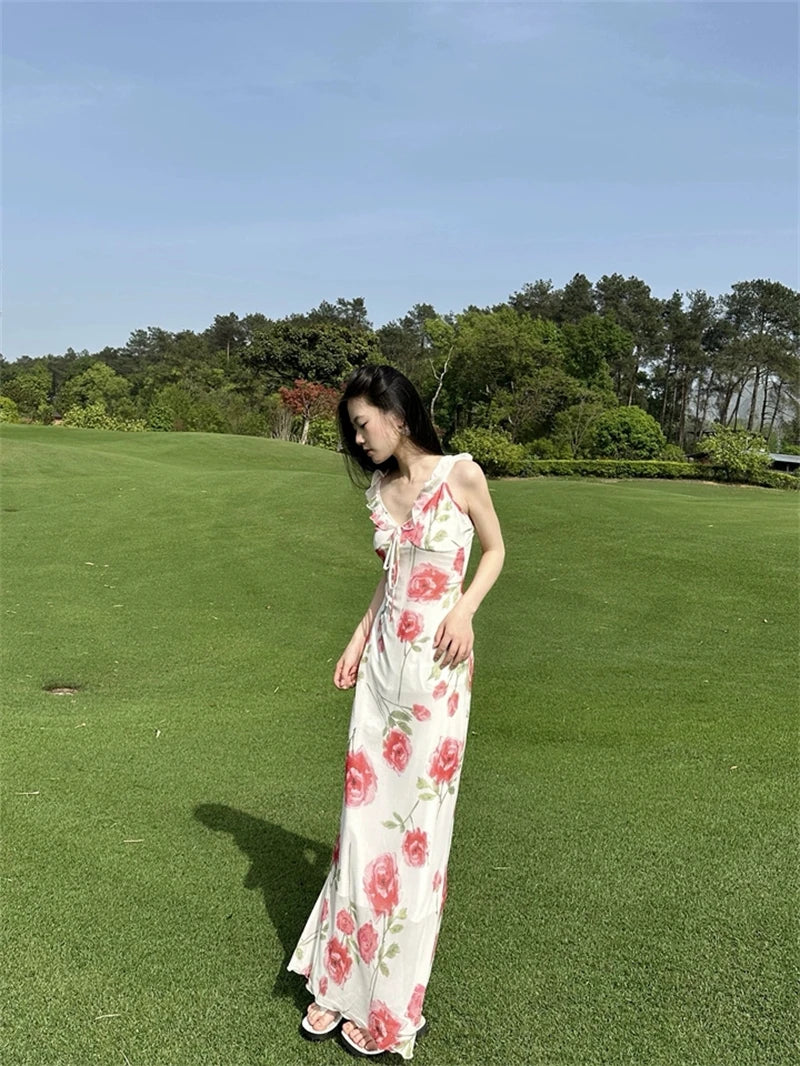 Rose Print Reverie Backless Fishtail Midi Dress With Tiered Ruffles And V Neck