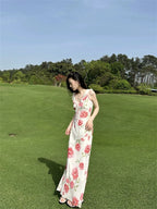 Rose Print Reverie Backless Fishtail Midi Dress With Tiered Ruffles And V Neck