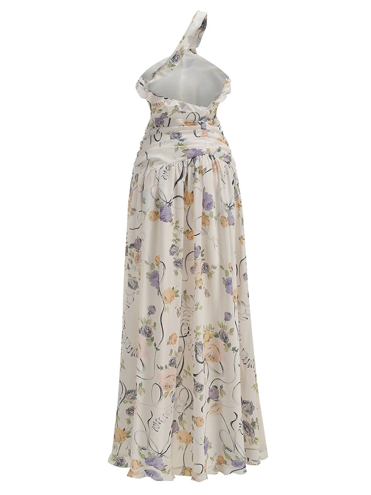 Flirty Floral Printed Off Shoulder Maxi Dress With Backless Detail And Ruffles