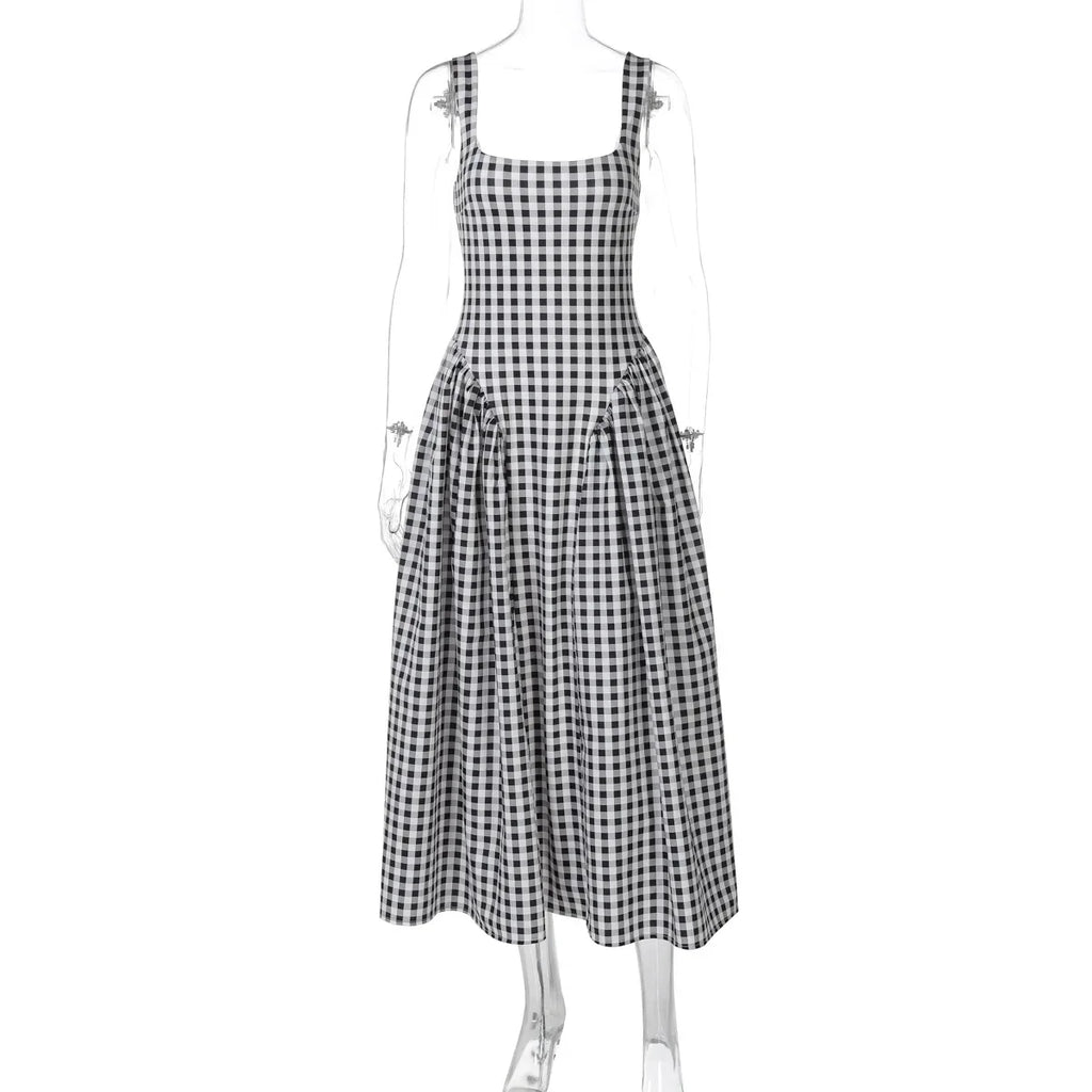 Gingham Square Neck A-Line Midi Dress With Pockets