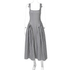 Gingham Square Neck A-Line Midi Dress With Pockets