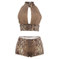 Snake Print Halter Backless Crop Top and Shorts Set Plunge Neck Bodycon Two Piece Clubwear