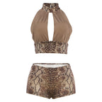 Snake Print Halter Backless Crop Top and Shorts Set Plunge Neck Bodycon Two Piece Clubwear