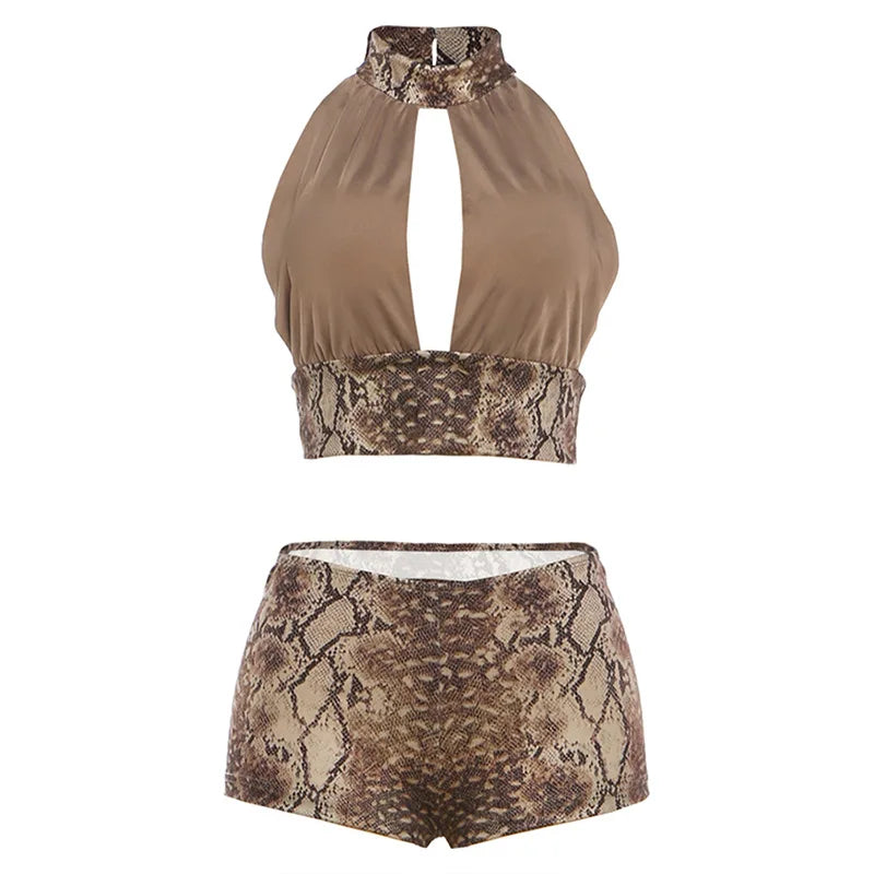 Snake Print Halter Backless Crop Top and Shorts Set Plunge Neck Bodycon Two Piece Clubwear