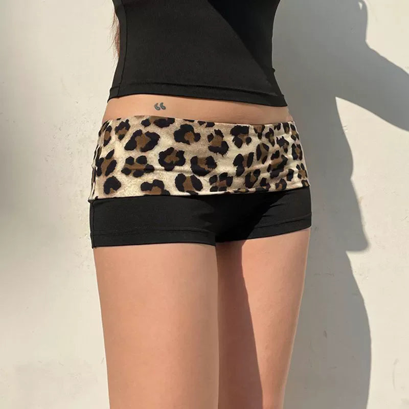 Leopard Patchwork Shorts With Low Waist