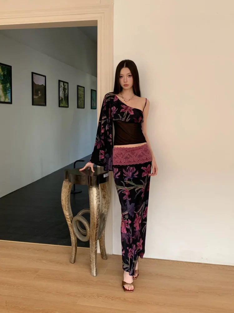 Floral Vintage Velour Off Shoulder Two Piece Set