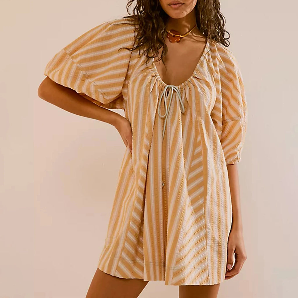 Y2k Rompers Sexy Loose Puff Sleeve V Neck Striped Jumpsuits Shorts Overalls Dress