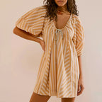 Y2k Rompers Sexy Loose Puff Sleeve V Neck Striped Jumpsuits Shorts Overalls Dress