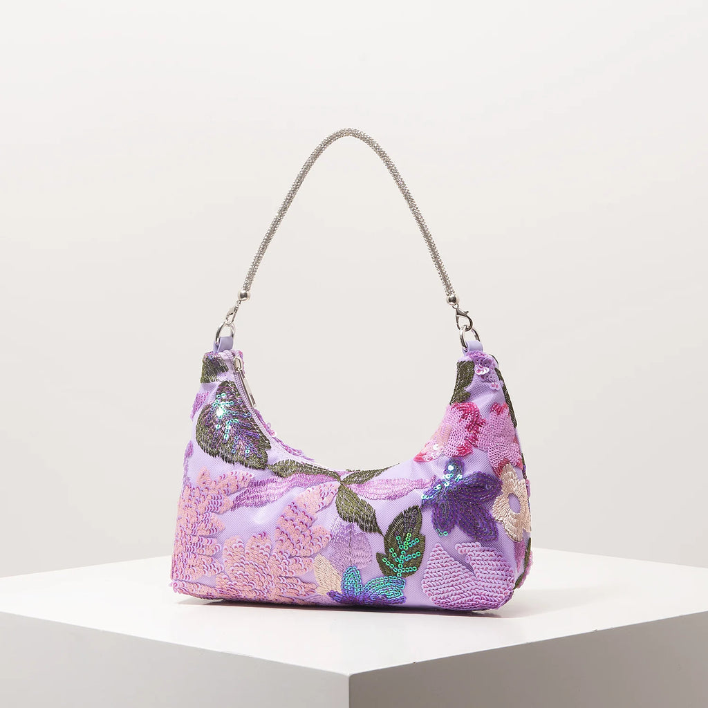 Floral Embroidered Sequin Shoulder Bag For Women Crescent Shape Evening Purse