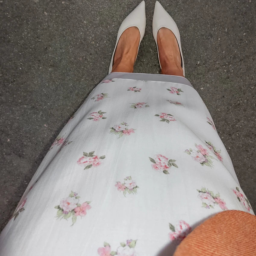 Vintage Mesh High Waist Long Skirt With Print And Bow Detail