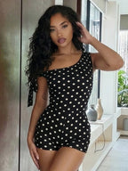 Polka Dot Playsuit With Tassel Details Sleeveless Low-Neck