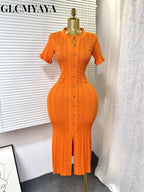 Knit Ribbed Bodycon Midi Dress With O Neck And Short Sleeves