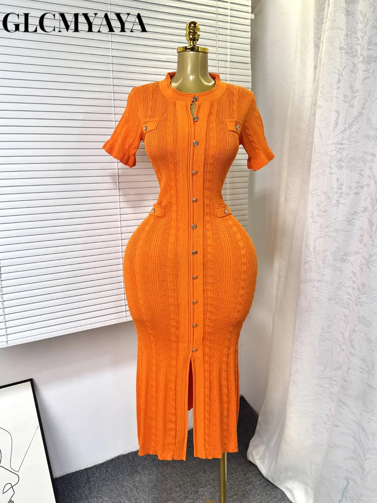 Knit Ribbed Bodycon Midi Dress With O Neck And Short Sleeves