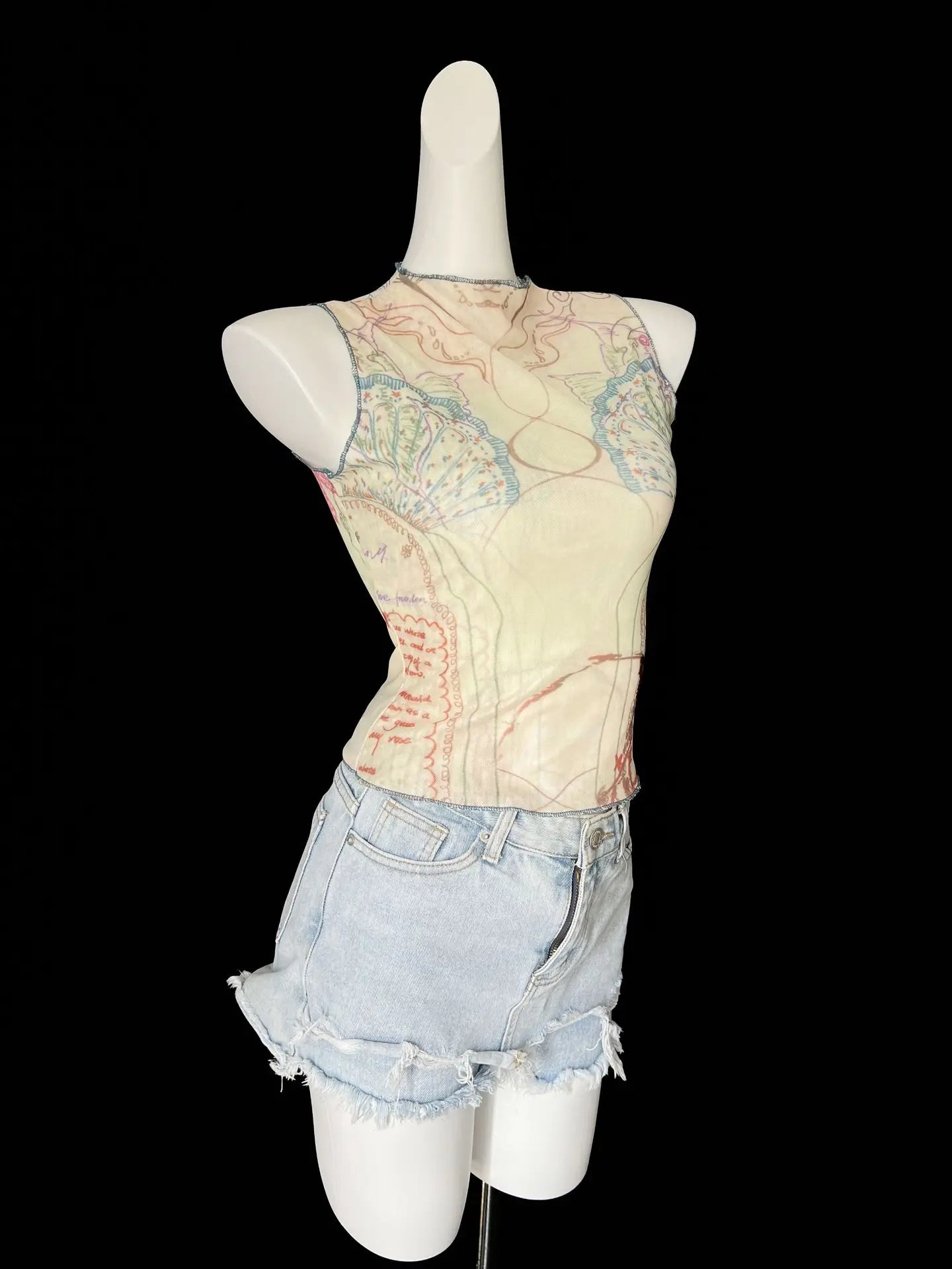 Chic Double Layer Mesh Tee With Elegant Print And High Collar Short Sleeve Women Net Shirt
