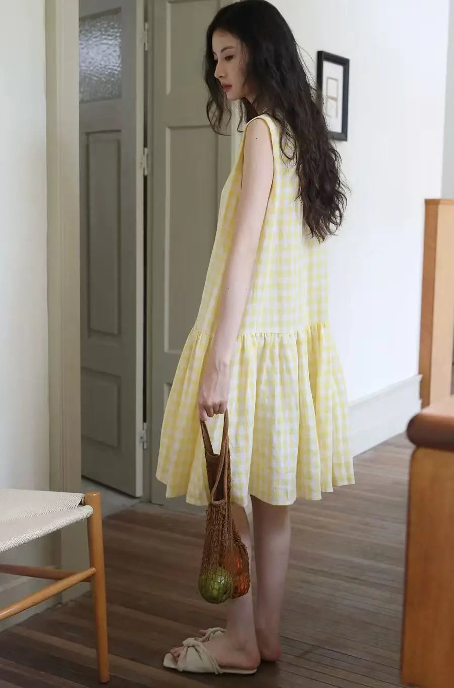 Sunny Plaid Cotton Dress Sleeveless Round Neck Vacation Dress