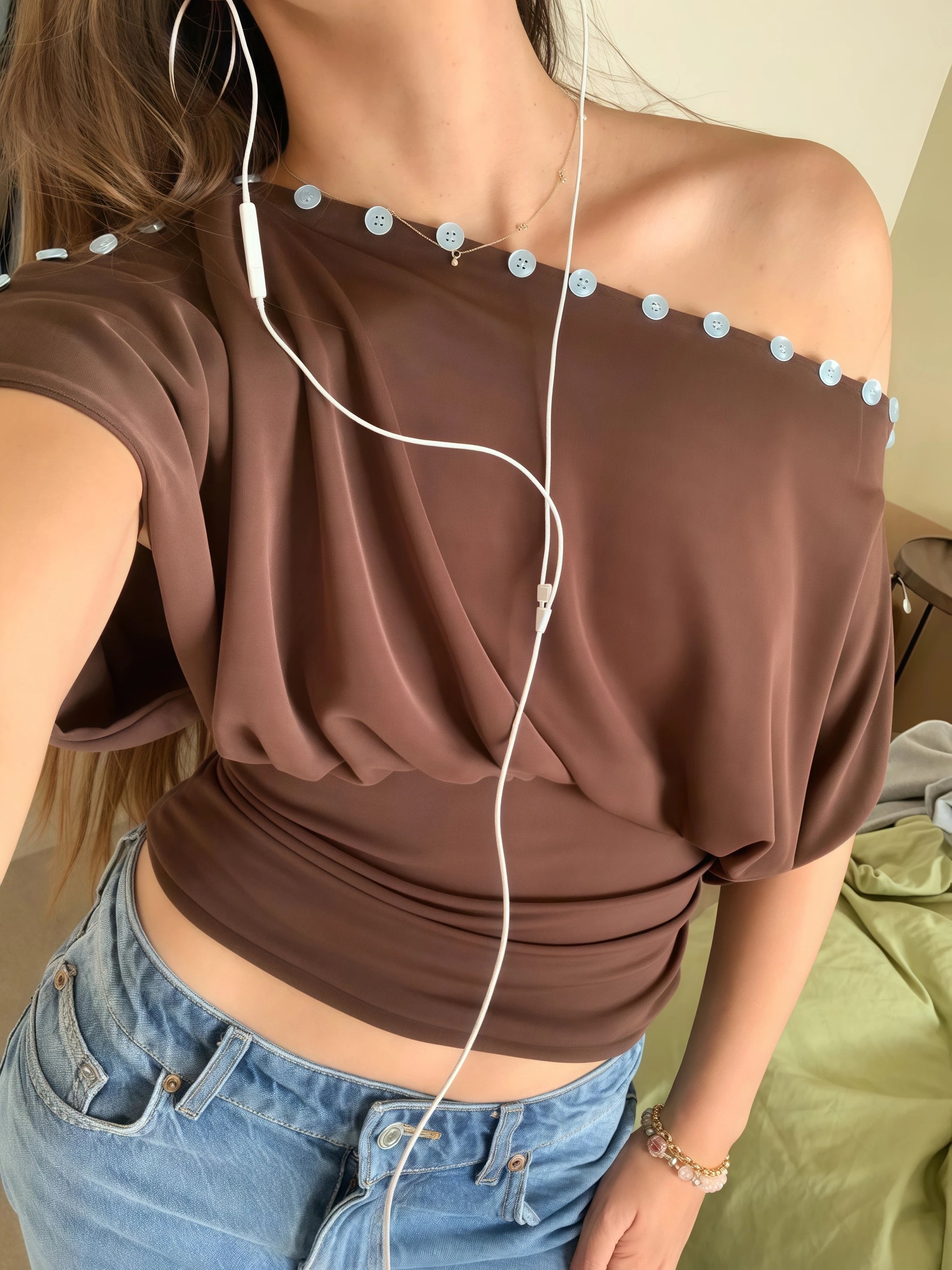 Off Shoulder Button Top Multi Way Wear Slim Fit Cropped