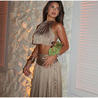 Champagne Satin Skirt Set For Women Halter Backless Crop Top And Maxi Pleated Skirt