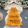Cascading Ruffles Lace Up Halter Backless Dress