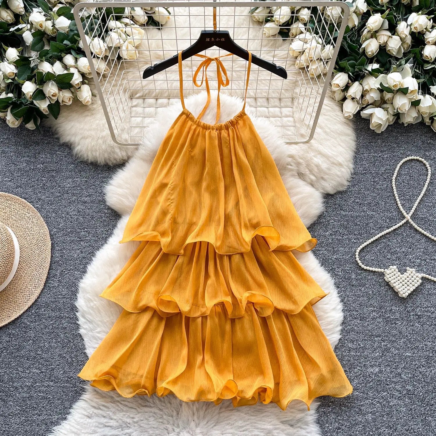 Cascading Ruffles Lace Up Halter Backless Dress