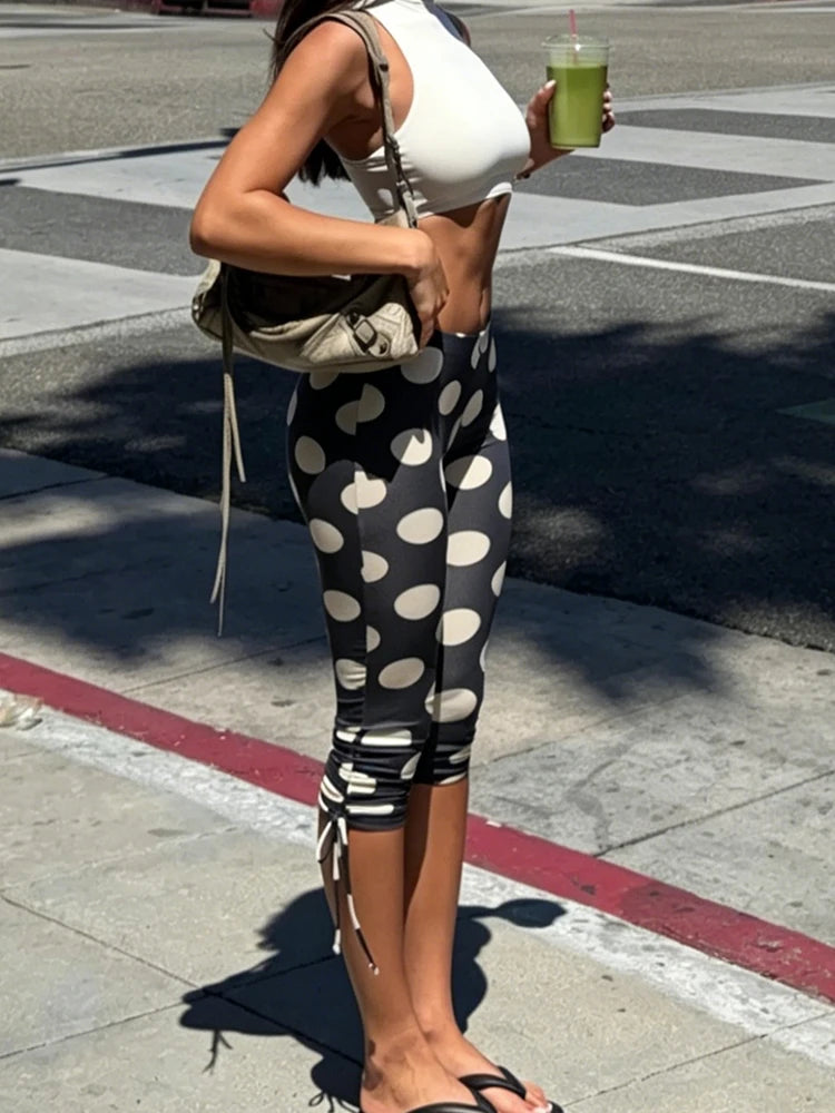 Polka Dot Drawstring Pleated Pencil Pants With Elastic Waist Calf Length
