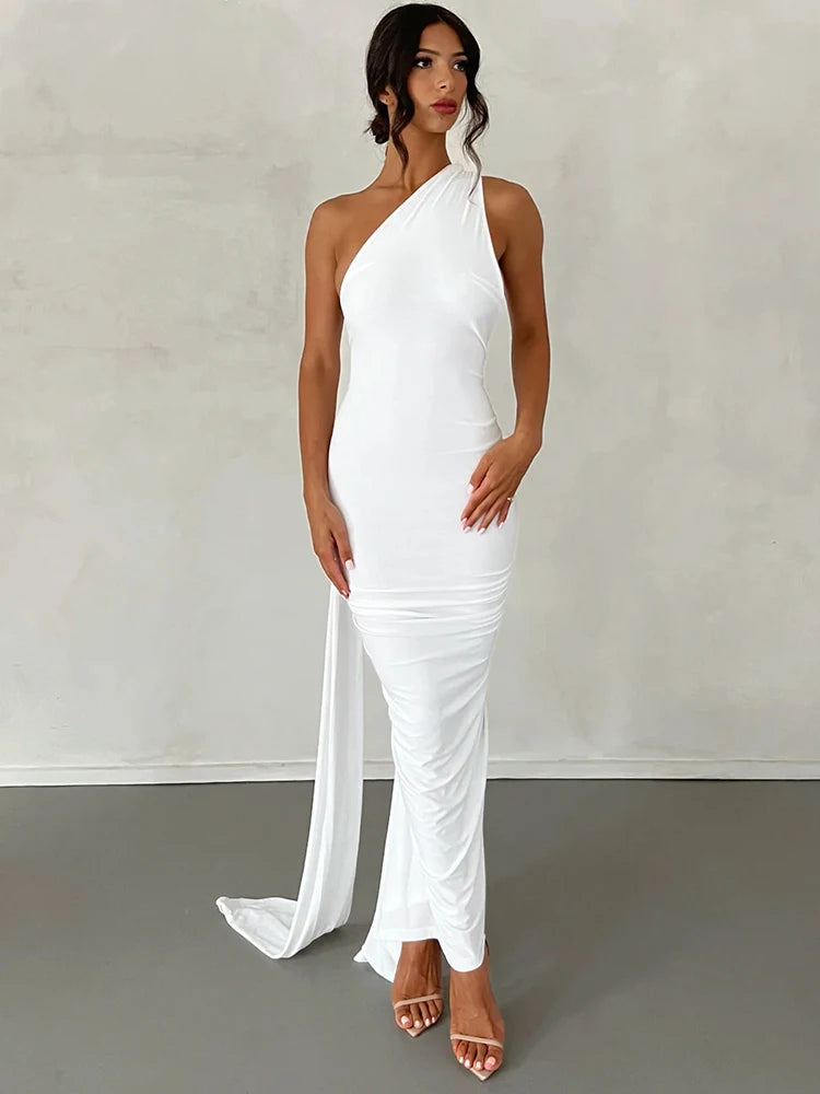 One Shoulder Backless Ruched Dress
